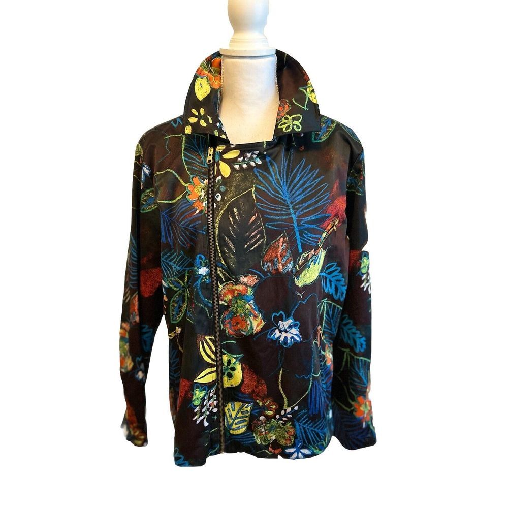 Chico's ARTSY Whimsical Night Gretta Moto Jacket Zip Floral Print Sz 3 (xl)‎ EUC